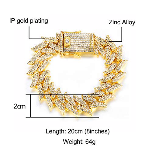 Apzzic 20Mm Gold Plated Iced Out Miami Thorns Cuban Link Chain Hip Hop Full Cz Lab Diamond Bling Bracelet Bangle For Men Women Gold 8Inch #TOP2