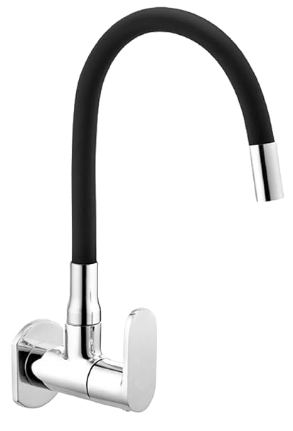 Jagger JAG337 Wall Mounted Kitchen Sink Cock Taps for Home and Office, with 360 Degree Rotating/Flexible Single/Double Flow Spout with Wall Flange and Teflon Tape (Droop [ Black Band 1 Flow ])