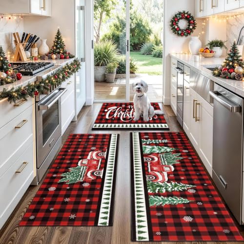 wyoansfhd Christmas Kitchen Rugs Set of 3, Plaid Truck Washable Runner Mats