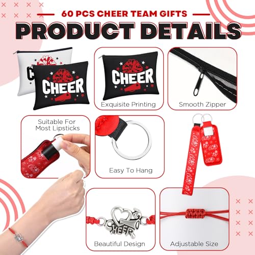 60 Pcs Cheerleader Gifts Bulk Cheer Team Gifts for Women Girls with Cheerleader Cosmetic Bags Makeup Mirror Bracelets Lipstick Holder Keychains Lanyard Cheer Team Party Favors (Red White)4