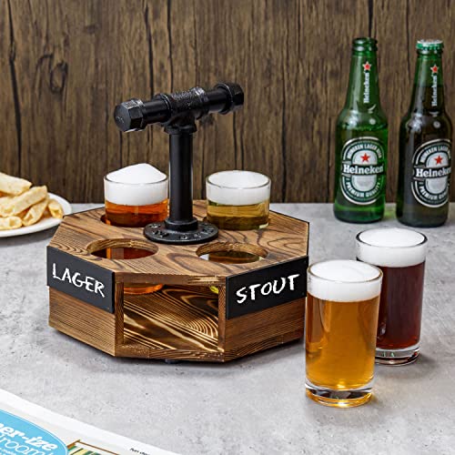 Mygift Burnt Solid Wood Geometric Beer Flight Server Set With Rustic Industrial Metal Pipe Handle, 4 Beer Glasses And Chalkboard Label Panel #TOP1