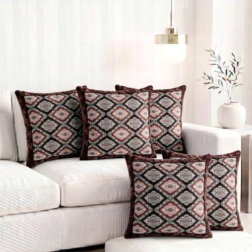 Image of Nendle Printed Holland Velvet Cushion Covers Set of 5, 16 x 16 Inches (40 x 40 cm), Decorative Sofa Cushion Cover with Zipper Closure, Floral Geometric Abstract Bohemian Designs, Multicolor
