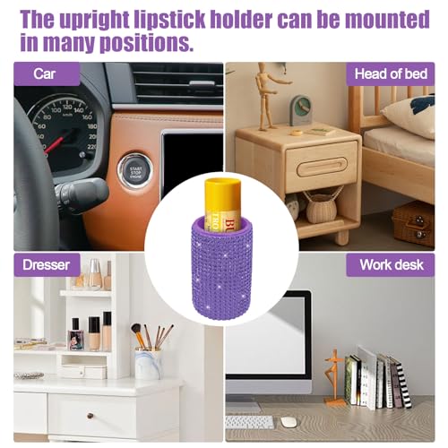 Image of Upright Car Chapstick Holder, Bling Insulating Lip Balm Holder,Rhinestone Car Accessories for Women Interior ,Suitable for Most Vehicles. (Purple)
