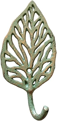 The Bridge Collection Gancho de hojas de hierro fundido para pared, pátina verde de metal verde Verdigris para interiores y exteriores, ganchos de