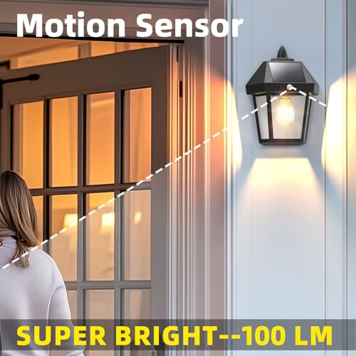 Image of DERAYSION Solar Porch Lights Outdoor, 9 Inch Solar Wall Lanterns with Motion Sensor, 3 Mode Adjustable Brightness Waterproof Outdoor Solar Lights for Porch Door Patio Fence Garage -2 Pack
