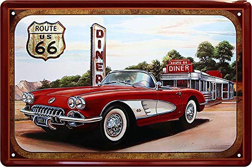 Blechschild ''Route 66 (rote Auto, Diner)'' 20x30cm Geschenk Lustige Sprüche Feier Vintage Retro Geburtstag Deko Party Überraschung Fan Mechaniker Auto Motorrad Werkstatt
