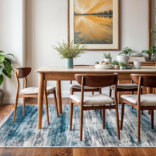 KOZYFLY Washable Area Rug 5x7 Modern Ombre Living Room Thin Rug Non-Slip Soft Striped Rug for Bedroom, Print Distressed Blue Abstract Carpet for Laundry Kid Room