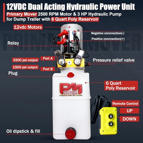 Primary Mover Hydraulic Pump for Dump Trailer - 12Vdc Double Acting Hydraulic Power Unit - Dump Trailer Pump 6 Quart Poly Reservoir with Remote Controller (PFP-DA06P) - Thumbnail 2