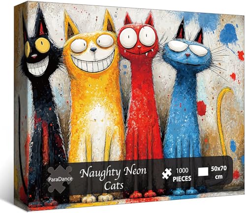 Rompecabezas para adultos de 1000 piezas, Gatos Neon Traviesos, difícil y desafiante - Sin polvo, letras en la parte posterior, póster 1:1, juego familiar y decoración (27.6"X19.7") miniatura 1