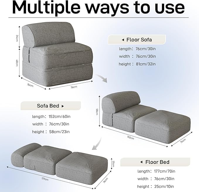Folding Lazy Floor Sofa for Adults, Linen Convertible Bed Couch Cozy Large Fold Out Chair Bed Grey, Mattress Sleeper Guest Floor Recliner Loung Sofa with Headrest Pillow Bedroom Living Room Balcony