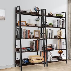 Homdox 5 Tier Ladder Shelf Industrial Bookshelf Wood and Metal Bookcase Plant Flower Stand Rack Book Rack Storage Shelves for Home Decor Walnut