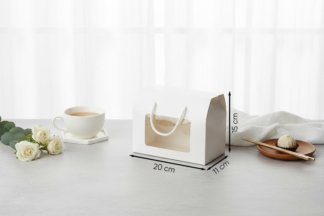 Emartbuy Weiße Kraft-Geschenkboxen mit Fenster & Griff - Größe 2 (20 × 15 × 11 cm) - Luxus-Präsentationsboxen für Bäckerei & Firmengeschenke - 96 Stück