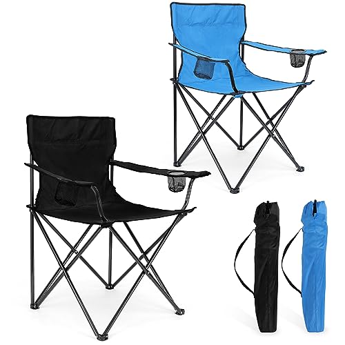 Image of Foldable Camping Chair Set of 2, HaSteeL Folding Camp Chairs & Carrying Bags for Adults, Portable for Lawn, Outdoors, Fishing, Hiking, Travel, Picnic, Beach, Oversized & Supports 275lbs (Black & Blue)