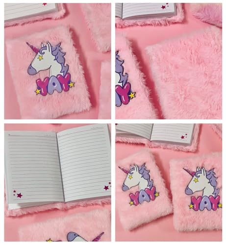 Image of Le Delite 13 Pcs Unicorn Gift Combo Set For Girls Kids Fur Diary Gift Bag Stationery Set Age 6-8 Years 10-12 Year I Stickers, pen, pouch, badge, Eraser, Wallet & colors(Pink)