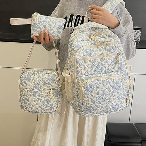 Coquette Backpack - Cute Kawaii Backpack Set 3 Pcs Floral Quilted Daypack with Small Crossbody Bag (Blue)3