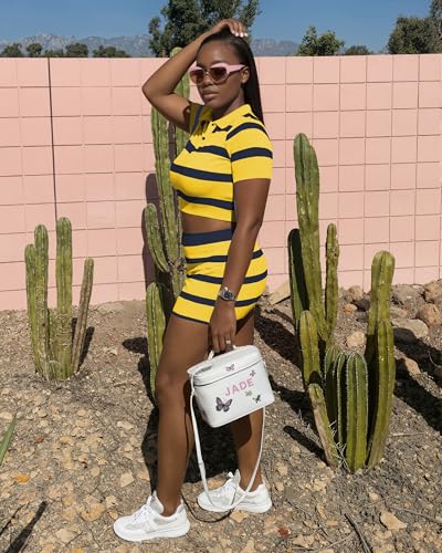 Image of HBQ Women's Casual 2 Piece Skirt Sets Polo Collar Crop Top Striped Mini Dress Summer Vacation-Stripe