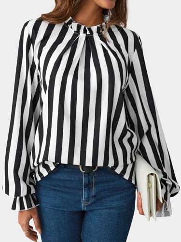 SOFIA'S CHOICE Women's Striped Long Sleeve Blouse Shirts Pleated Mock Neck Ruffle Top4