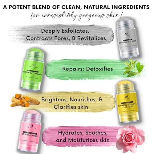 Voguenow VN-CLAY-STICK-MASK-P4 Green Tea Mask Stick Set Of 4 - Green Tea Matcha, Rose, Turmeric Vitamin C, Dead Sea Mud Mask For Deep Cleanse, Detox & Face Brightening - Purifying Facial Clay Stick Masks Deep Pore Cleanser thumb #2