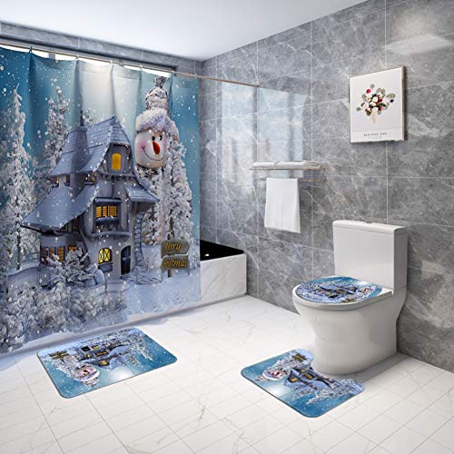 ARTIFUN Christmas Bathroom Decorations Sets with Rugs Toilet Seat Cover Rug Shower Curtain Sets White Snowman Snow Bathroom Decor