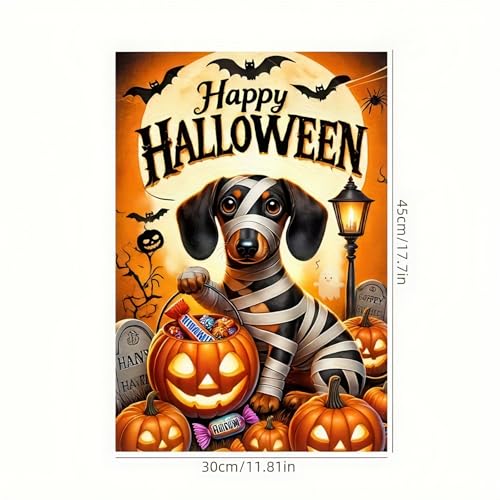 Image of Garden Flags for Outside 12x18 Inch Double Sided - Halloween Trick or Treat Dachshund Dog Skeleton Decorations - Small Outdoor Yard Flag