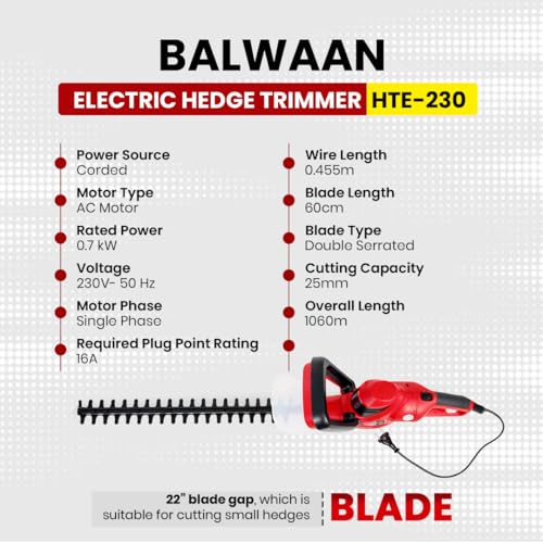 Image of Balwaan Krishi Electric Hedge Trimmer | 16-Inch Blade | HTE-230 | Size | Powerful 700W Motor, Low Noise & Lightweight Design | Garden Hedge Cutter for Bushes, Shrubs & Lawn Trimming
