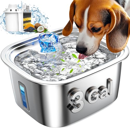 Dog Water Fountain for Large Dogs Stainless Steel, 3Gal Extra Large Dog Water Bowl Dispenser with 2 Filters & Visual Window, Automatic Filtered Pet Fountain Indoor, Quiet Safe Pump with LED Indicator