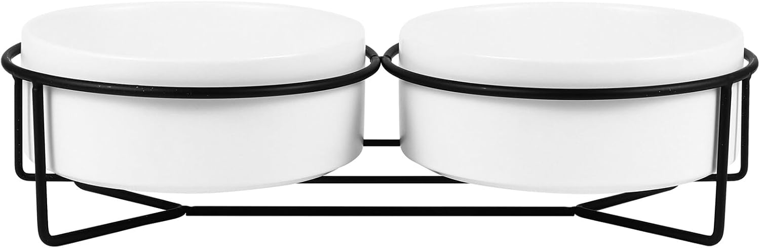 Ceramic Pet Food Bowl Double Bowls with Raised Black Iron Stand 13cm Non-Spill Cat Feeder Elevated Dog Feeding Dish for Cats and Dogs