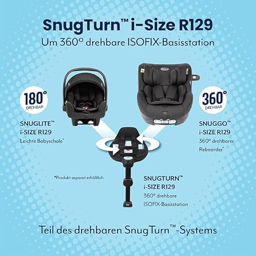 Graco SnugTurn™ i-Size R129 Base, 360° drehbare ISOFIX-Basisstation, ausklappbarer Stützfuß, für Babyschale und Kindersitz, schwarz, Black