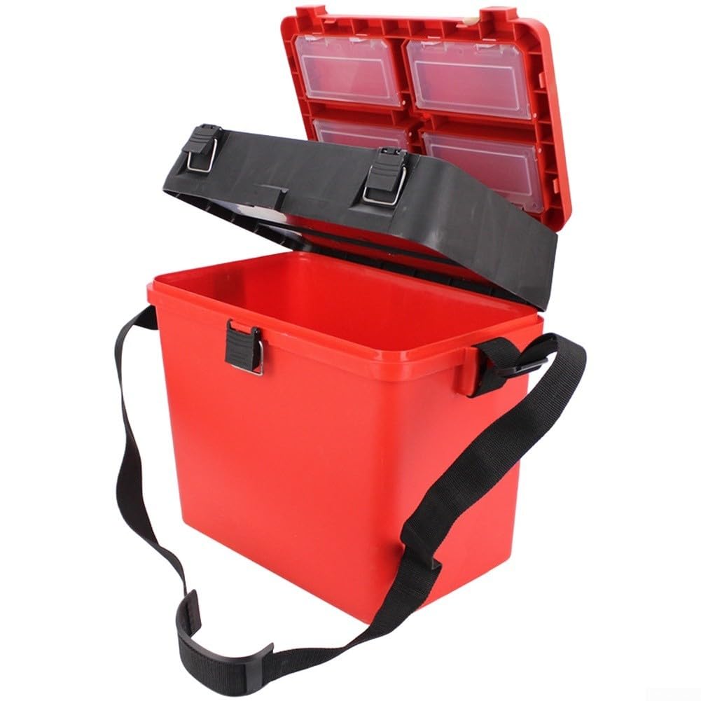 Caja de aparejos de pesca con correa de hombro ajustable, mochila de almacenamiento multicapa para equipo, 4 bandejas de accesorios y cubo inferior, caja de herramientas de asiento portátil para