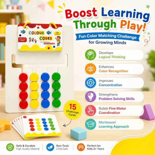 Image of Sky Tech Colour Coder Wooden Game Montessori Slide Puzzle Color & Pattern Matching Wooden Puzzle Learning Toys 15 Challenge Cards Logic Brain Game for Kids 4-8 Years Birthday Gift for Boys & Girls