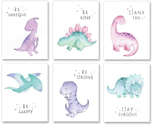 Zaiphany 8"X10" Dinosaur Wall Art for Girls Bedroom, Pink Girly Dinosuar Room Decor,Dinosaur Wall Posters for Baby Girls Nursery Decor, Unframed