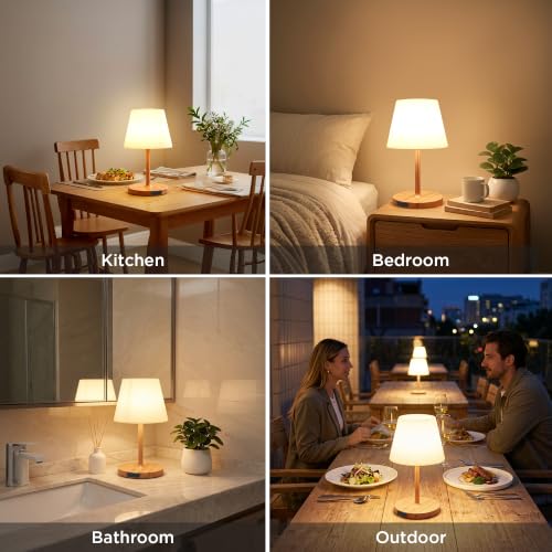 Image of LUTEC 2 Pack Shower Lamp Waterproof, 6000mAh Rechargeable Cordless Table Lamp with 3 Color Temps and Stepless Dimming, Touch Control & Portable LED Nightlight for Bathroom, Desk, Outdoor(Wood Grain)