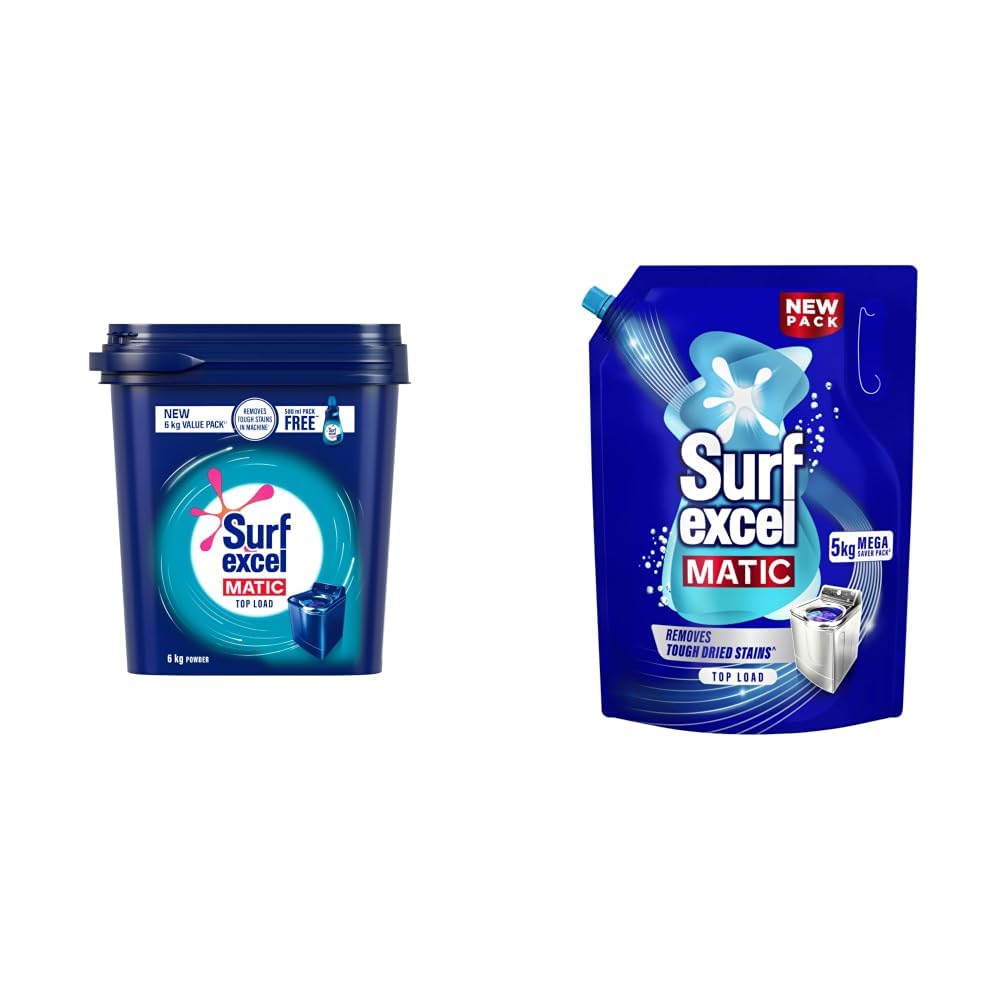 Surf Excel Matic Powder Top Load 6kg +500ml liquid & Matic Top Load Liquid Detergent 5Kg Refill Pouch, Specially designed to remove Tough Dried Stains, 1st time in Washing Machine-image-45