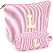 2 PCS Initial Makeup Bags for Women Cosmetic Bag for Travel Toiletry - Birthday Gifts for 11 12 13 14 15 16 17 18 Years Old Girl Graduation Teacher Gift- Teen Girl Gifts Trendy Stuff - Pink L