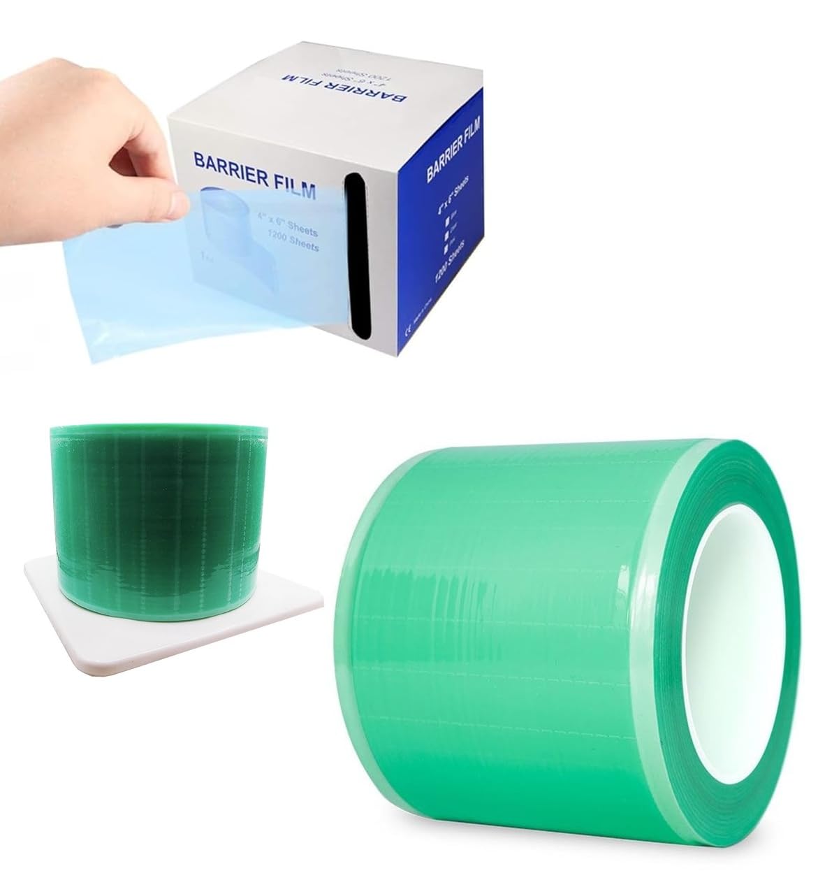 Dental Sticky Wrap Barrier Film Roll 1200 Sheets 4"W x 6"L, with Stand Holder & Dispenser Box Premium Non-Stick Edges, Perforated Lint-Free Core, Green