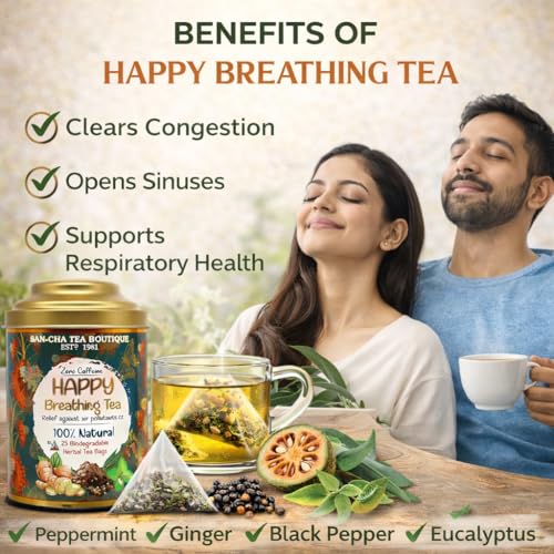 Image of Sancha Tea Boutique, Happy Breathing Herbal Tea, 25 Pyramid Tea Bags | Ayurvedic Decongestant Blend with Eucalyptus, Bael & Long Pepper | Caffeine-Free Wellness Tea in Double Lid Tin Caddy