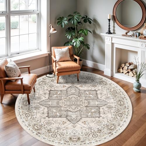 RUUGME Vintage 6round Rug Washable - Large Boho Rugs for Living Room Stain Resistant Carpet Vintage Tribal Rugs for Bedroom Kitchen Bathroom with Non Slip Backing Floor Decoration Mat 6ft Ivory