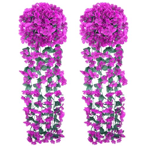 Fairblo 2 Pack Purple Artificial Hanging Flowers Fake Hanging Plants Hanging Artificial Violet Ivy Flowers for Outdoor Planters Indoor Home Wall Decor Wedding Garden Yard