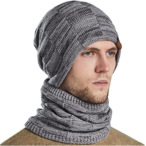 Sireck 2 in 1 Beanie Hats Scarf Set Warm Knit Hat Thick Fleece Lined Skull Cap Neck Warmer Ski Hat Winter Hats for Men Women, Gray, One size Cover