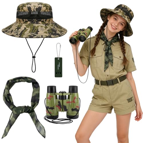 UxClishe 4Pcs Safari Costume Accessories Set Explorer Outfit with Camo Fisherman Hat Scarf Survival Whistle and Binoculars for Women Men Outdoor Fancy Dress Role Play Halloween Cosplay