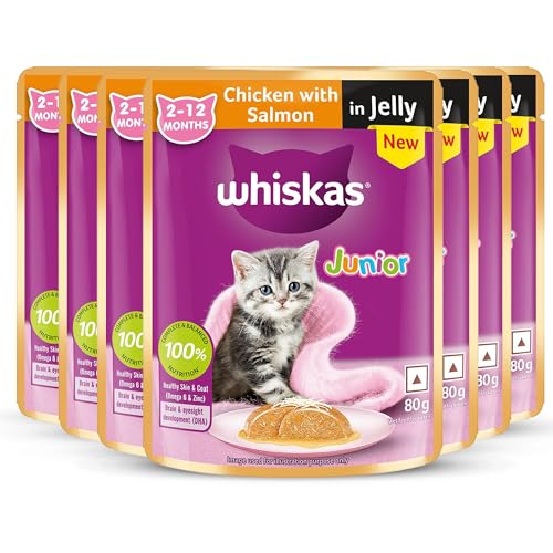 Image of Whiskas Junior Kitten (2-12 Months) Wet Cat Food, Chicken with Salmon in Jelly, 80 g, Hydrating Food Made with Real Fish, 100% Complete & Balanced Nutrition for Kittens (Pack of 7)