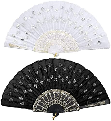 2 Pieces Peacock Pattern Sequin Fabric Hand Fan Black and White Lace Folding Fan Design Folding Hand Fans for Wall Decoration Gifts Weddings The Dance Floor