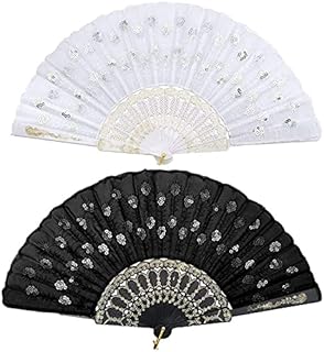2 Pieces Peacock Pattern Sequin Fabric Hand Fan Black and White Lace Folding Fan Design Folding Hand Fans for Wall Decoration Gifts Weddings The Dance Floor