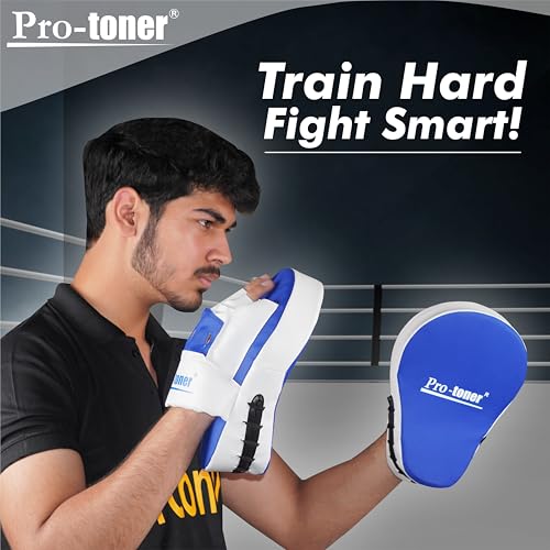 Image of Pro-Toner Boxing Focus Pads, Curved Maya Hide Leather, Hook and Jab Target Hand Pads, Black and White (Blue)