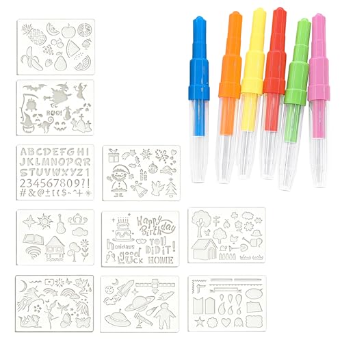 Kit de Stylos Pulvérisateurs pour Enfants, Set Créatif avec 6 Stylos à Souffler et 10 Pochoirs...