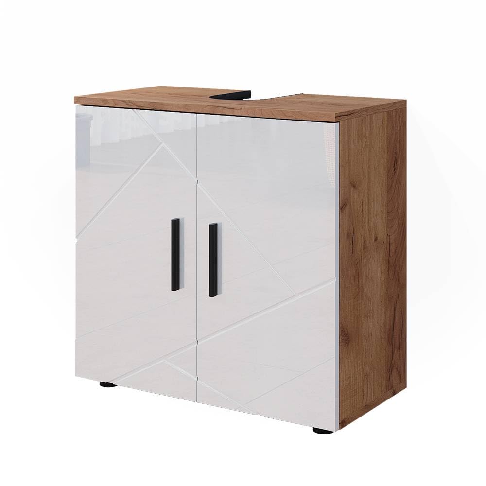 Vicco Waschbeckenunterschrank Irma, Weiß Hochglanz/Goldkraft Eiche, 60 x 59 cm, mit Siphonaussparung und Einlegeboden zur Aufbewahrung