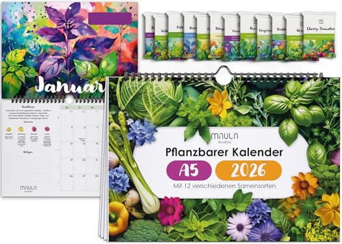 Milula Studios Einpflanzbarer Kalender 2026 – Pflanzkalender & Saatgut Kalender 2026 mit Minimalistn & Samen für Kräuter, Gemüse, Obst & Blumen – Nachhaltig & Adventskalender (Pflanzkalender, A5)