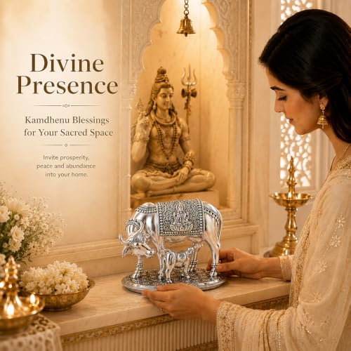 Image of DIVINITI 999 Silver Plated Kamdhenu Cow with Calf Idol | Premium Gift Box Included | Vastu Showpiece for Wealth, Prosperity & Positive Energy | Home Temple, Office & Housewarming Gift | 13.5 x 15 cm