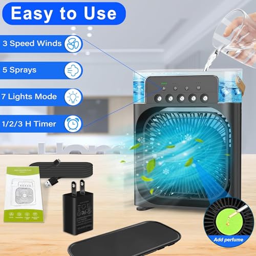Image of BIGASUO Mini Cooler for Room Cooling AC Portable Mini Fan Artic Cooler with 7 Colors LED Light, 1 /2 /3 H Timer, 3 Wind Speeds and 3 Spray Modes for Office,Home,Dorm,Travel / (1204) (BLACK, B18)