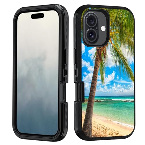 FVAENDHIO for iPhone 17 Case, Heavy Duty 3 in 1 Hybrid Military Grade Shockproof Drop Full-Body Phone Protective Cover for iPhone 17 (6.3 Inch, 2025), Tropical Paradise Beach Palm Trees